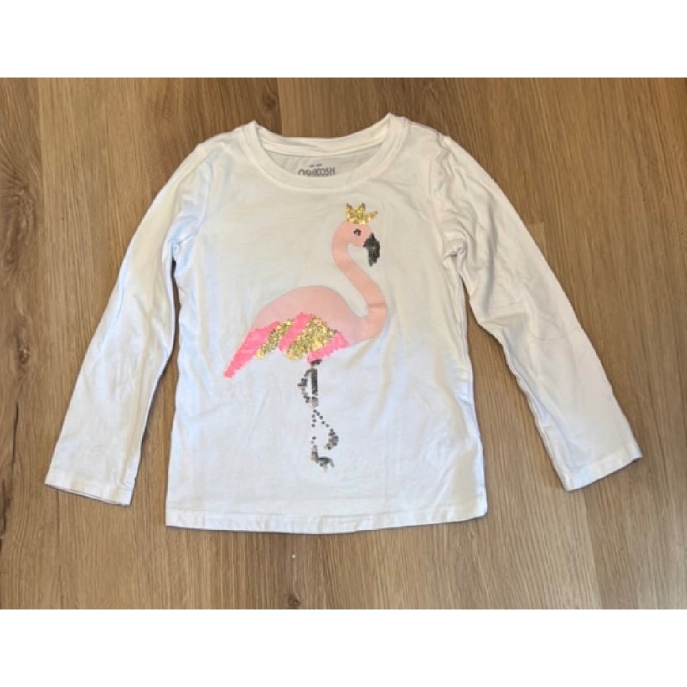 OshKosh B'gosh Girls White Flamingo Sequin Crown Long Sleeve Graphic Tee 3T